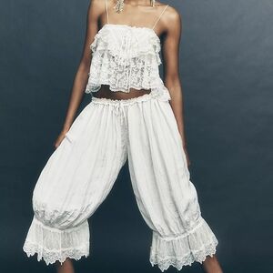 Elegant White Lace Trimmed Women's Pants